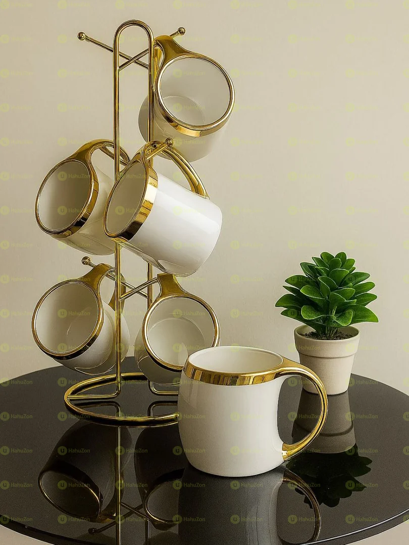 6 Set Ceramic Mugs With Golden Stand