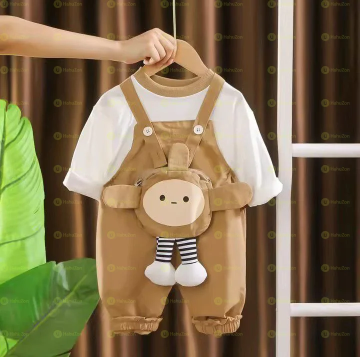 Bib Cartoon Zipper Pocket Trousers Short Sleeve T-Shirt 2pcs