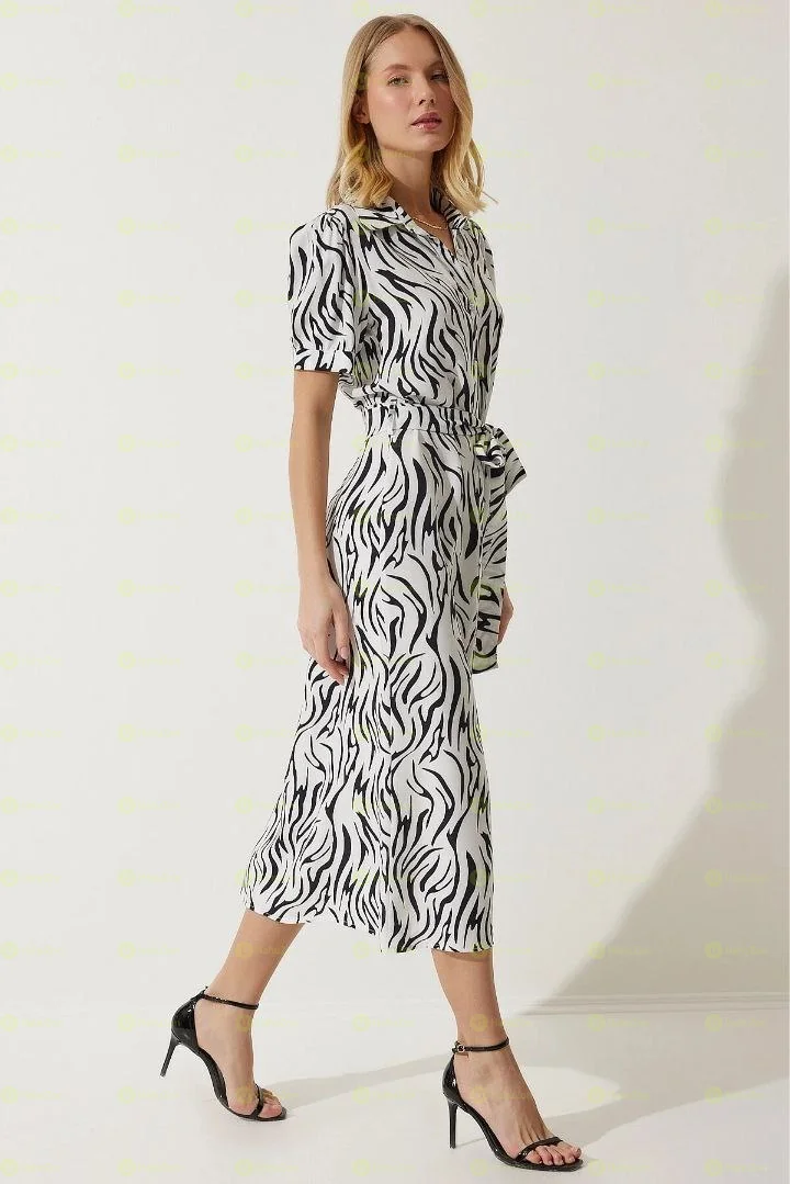 Black & White Patterned Belted Dress