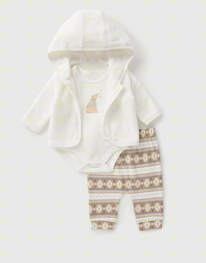 3 Piece Baby Cream Bear Bodysuit & Jacket Set