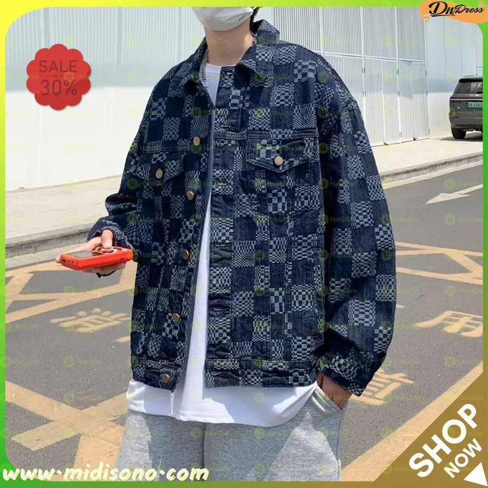 Patterned Checkered Denim Jacket