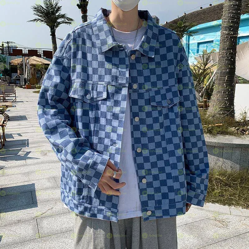 Patterned Checkered Denim Jacket