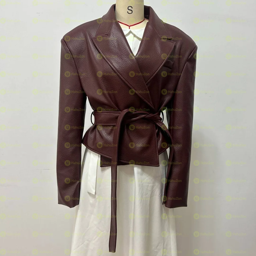 Elegant Lapel PU Jacket With Belted Waist For Women Fashion
