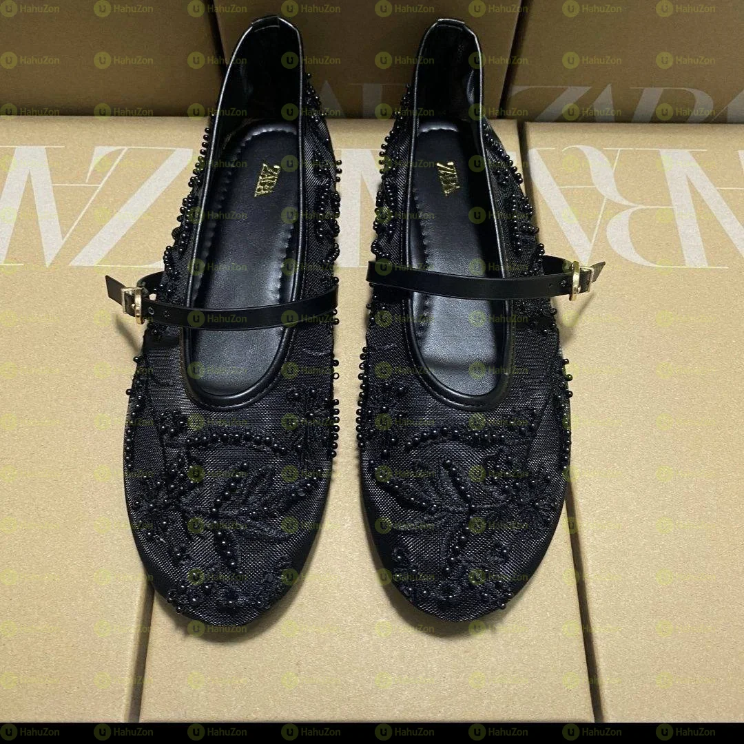 Zara Black Mesh String Bead Ballet Flats Women Shoes