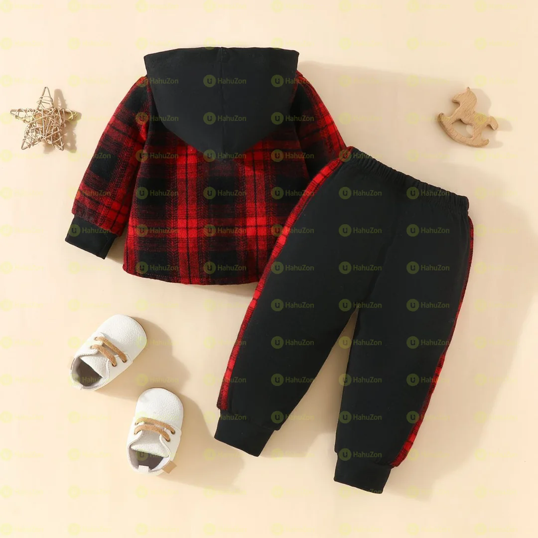 HToddler Boy Classic Plaid Hooded Long-Sleeved Shirt and Pant Set