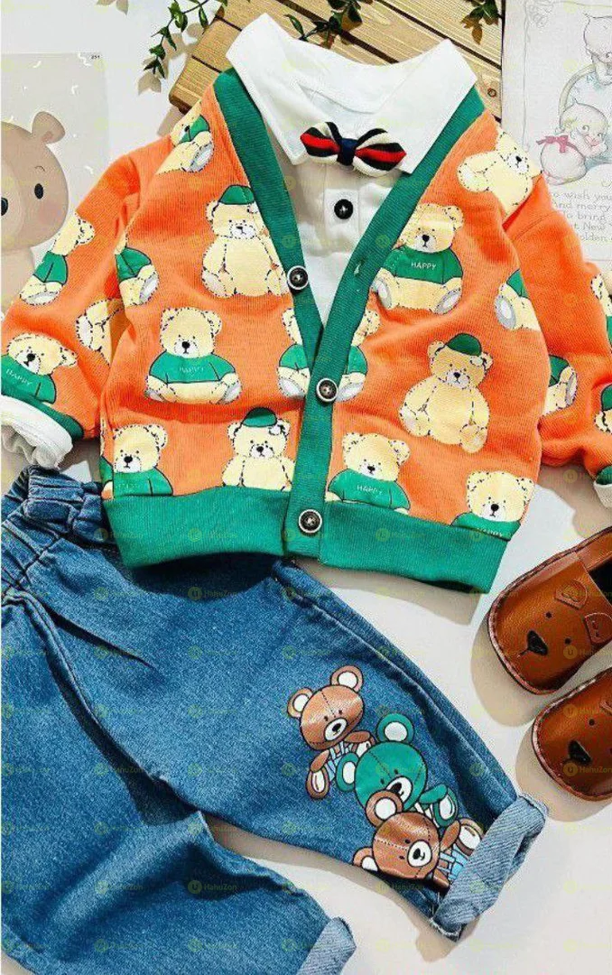 Baby  Boy Cardigan Sweater Bow Tie T-shirt and Jeans Pant Set