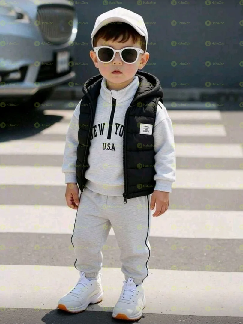 3 Piece Set Polo Collar Solid Sweatshirt Pant and Hooded Vest