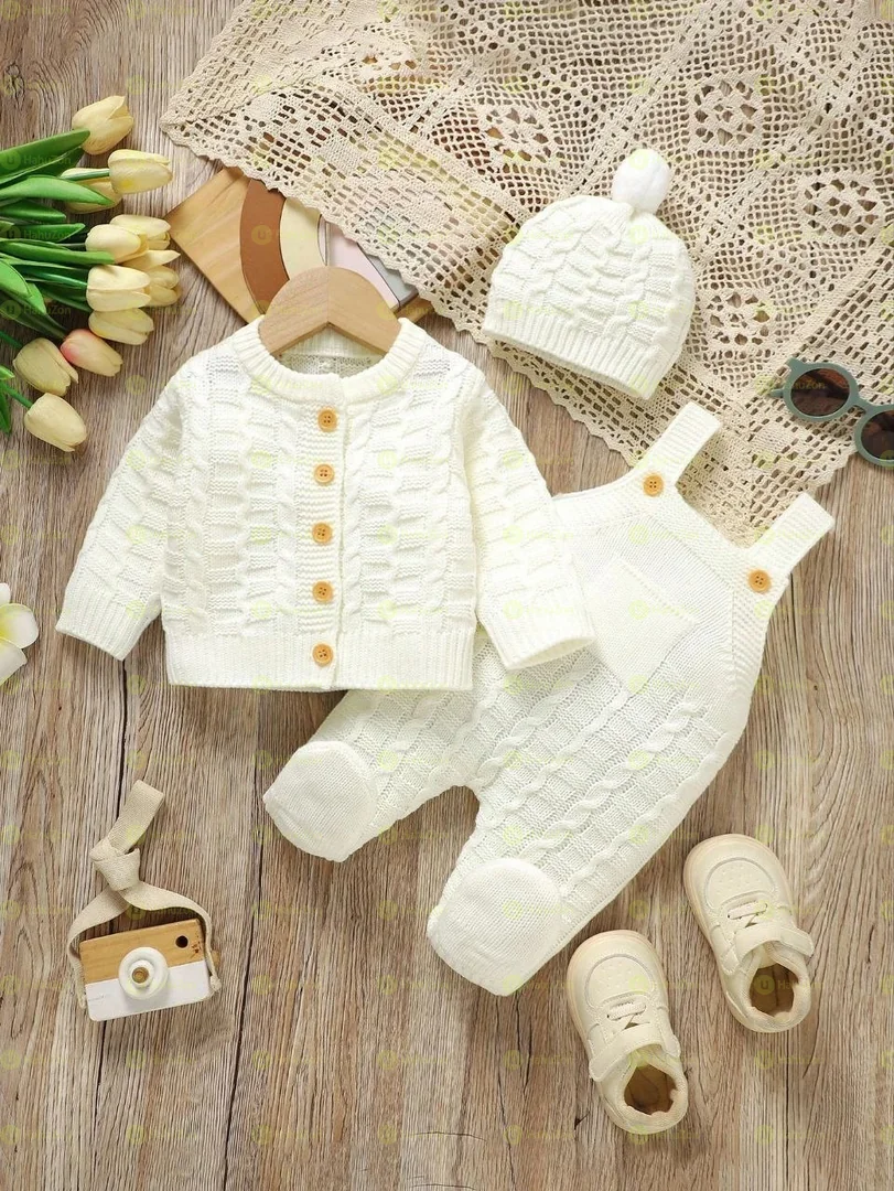 Unisex Cozy Cute Sweater Overall Long-Sleeve Cardigan and Hat Set