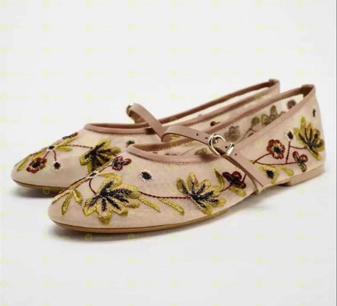 Zara Floral Embroidered Mesh Ballet Flat Shoes